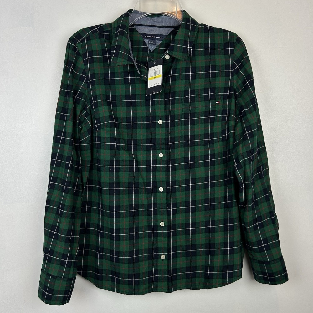 Tommy Hilfiger Top Womens Medium Green Plaid Flannel Logo Button Shirt Preppy